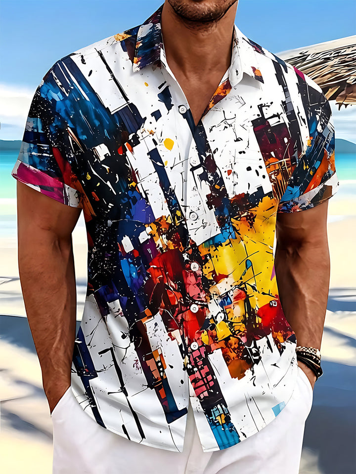 Oceanlyte Men's White Blue Graphic Abstract Paint Splatter Print Short Sleeve Button Down Shirt with Chest Pocket