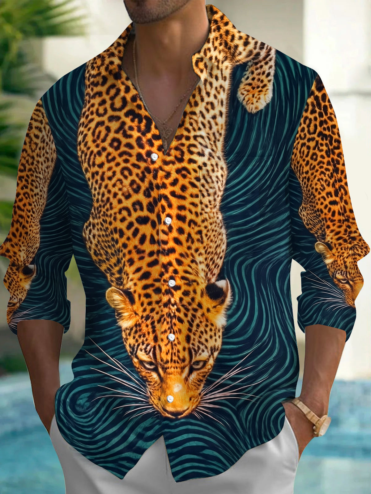 Oceanlyte Men's Leopard Graphic Wavy Line Print Long Sleeve Button Down Shirt with Chest Pocket
