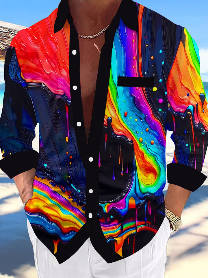 Oceanlyte Men's Graphic Abstract Rainbow Dripping Paint Print Long Sleeve Button Down Shirt with Chest Pocket