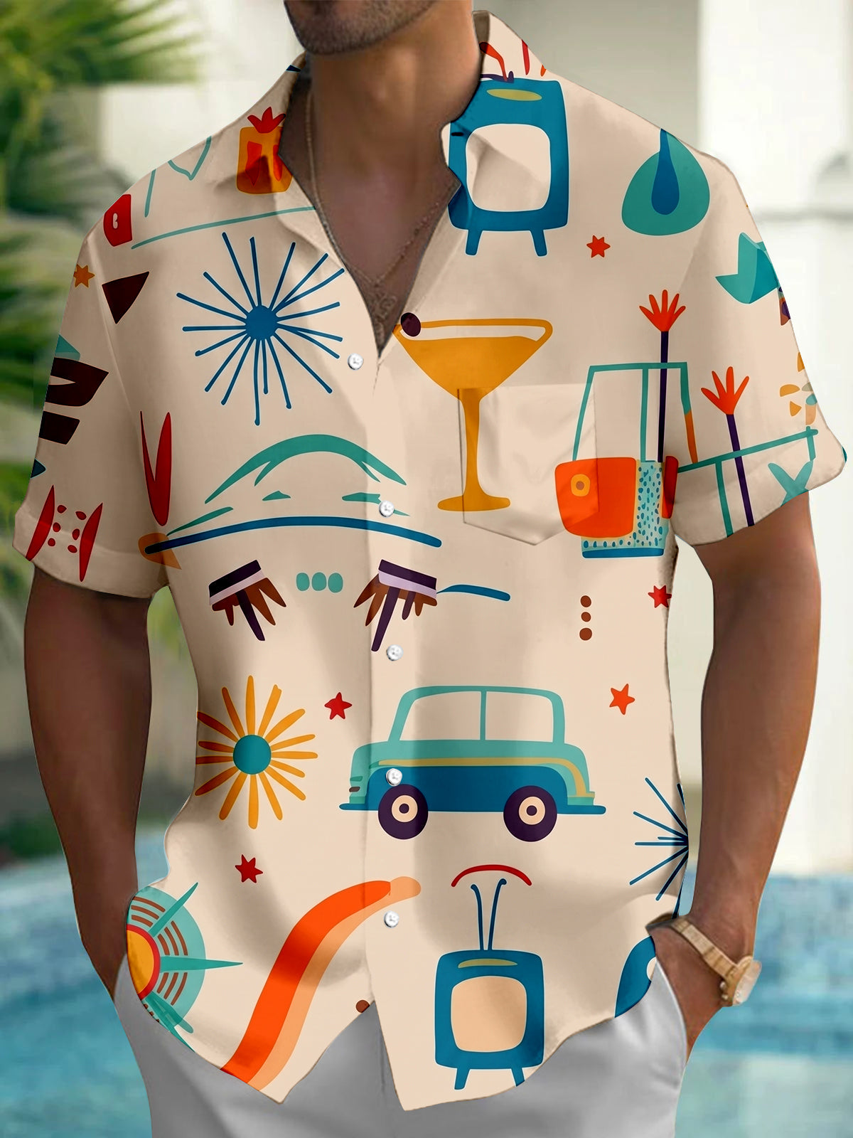 Oceanlyte Men's Graphic Abstract Retro Atomic Car Cocktail Print Short Sleeve Button Down Shirt with Chest Pocket