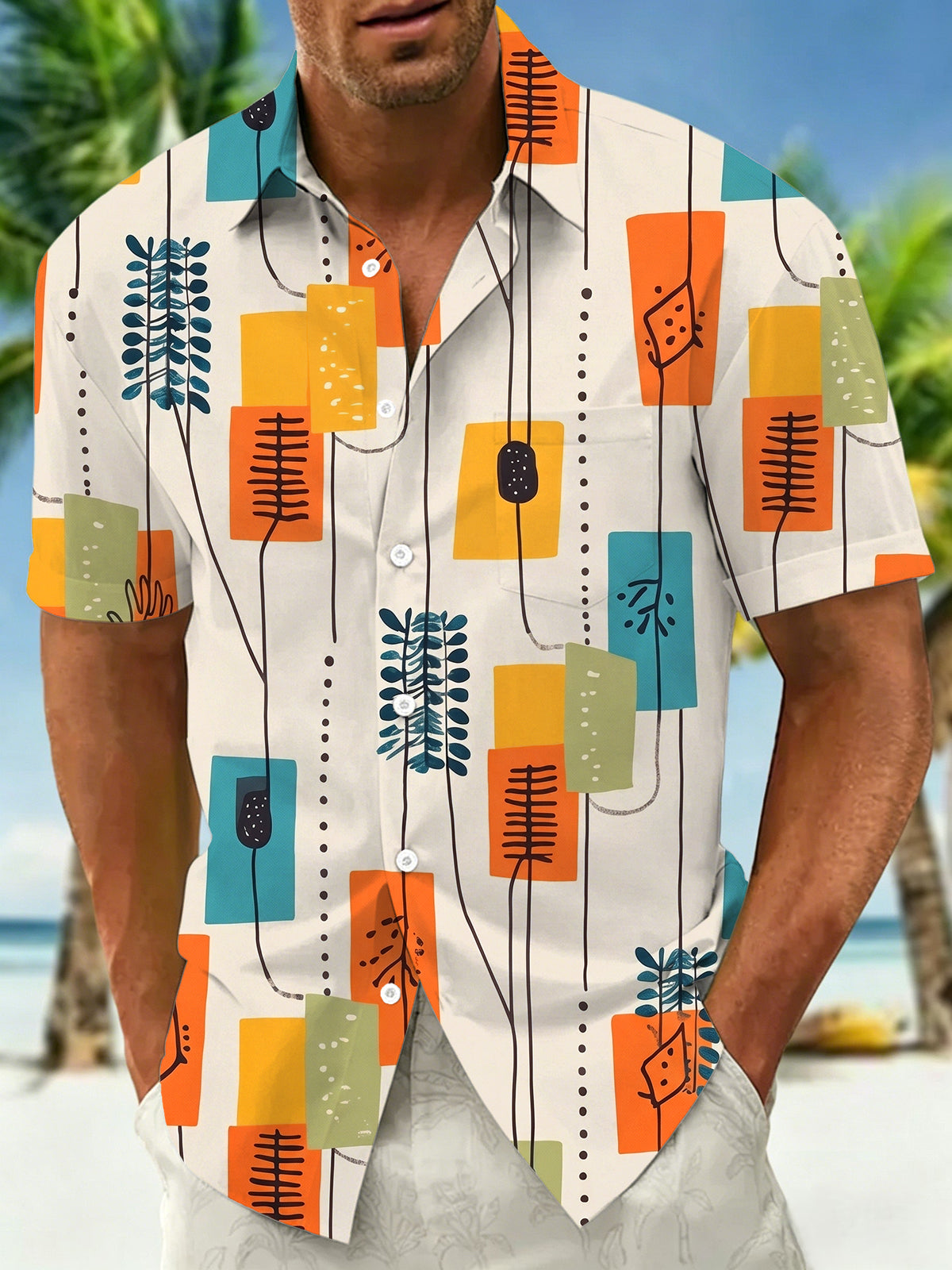 Oceanlyte Men's Abstract Geometric Leaf Pattern Print Short Sleeve Button Down Shirt with Chest Pocket