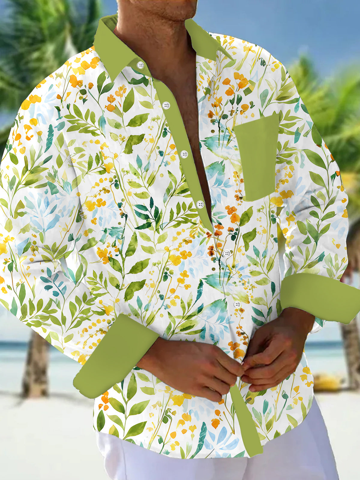 Oceanlyte Men's Watercolor Floral Leaf Print Long Sleeve Button Down Shirt with Chest Pocket