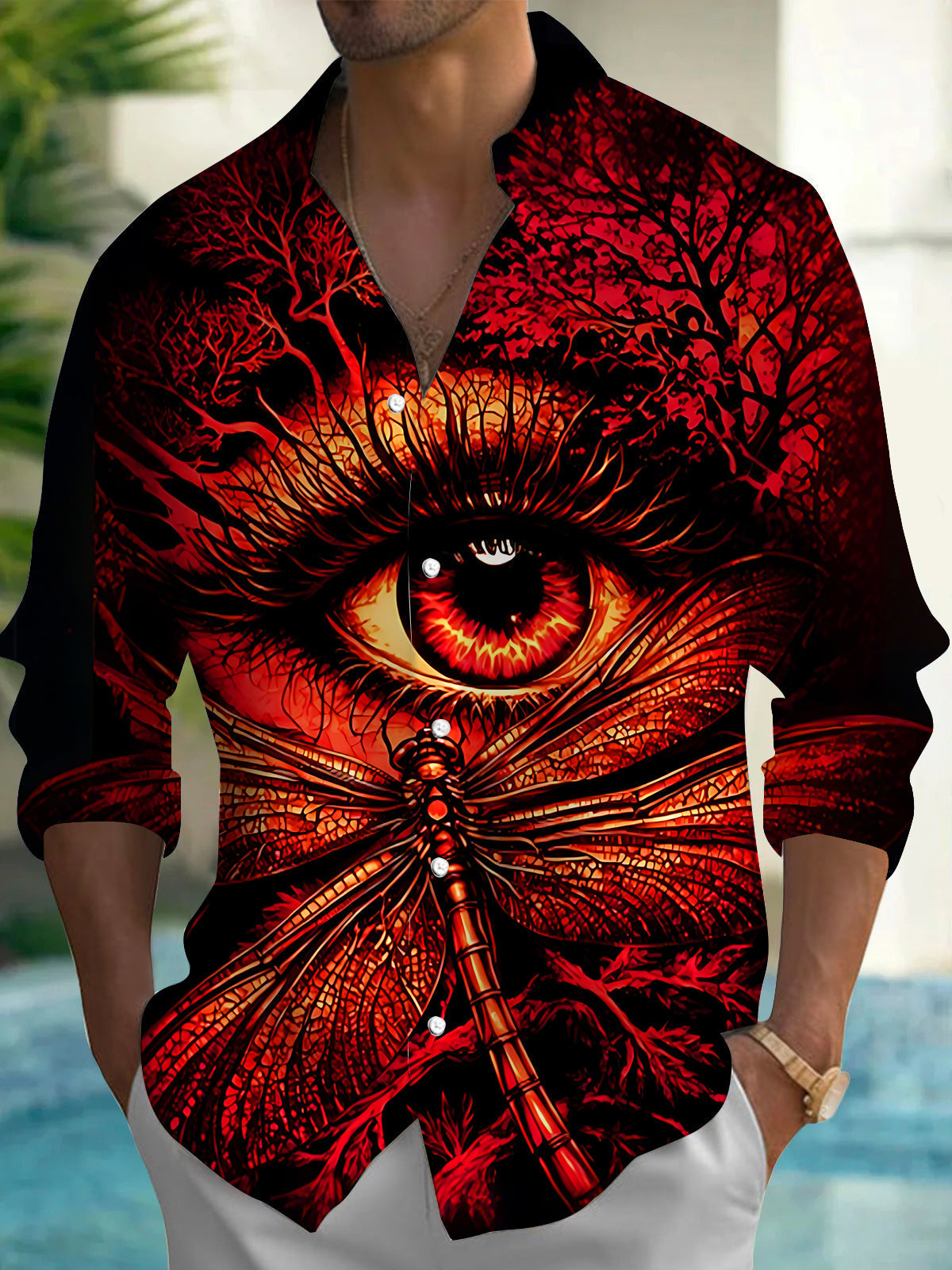 Oceanlyte Men's Graphic Red Eye Dragonfly Print Long Sleeve Button Down Shirt with Chest Pocket