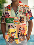 Oceanlyte Men's Graphic Retro Vintage Cat Collage Print Short Sleeve Button Down Shirt with Chest Pocket