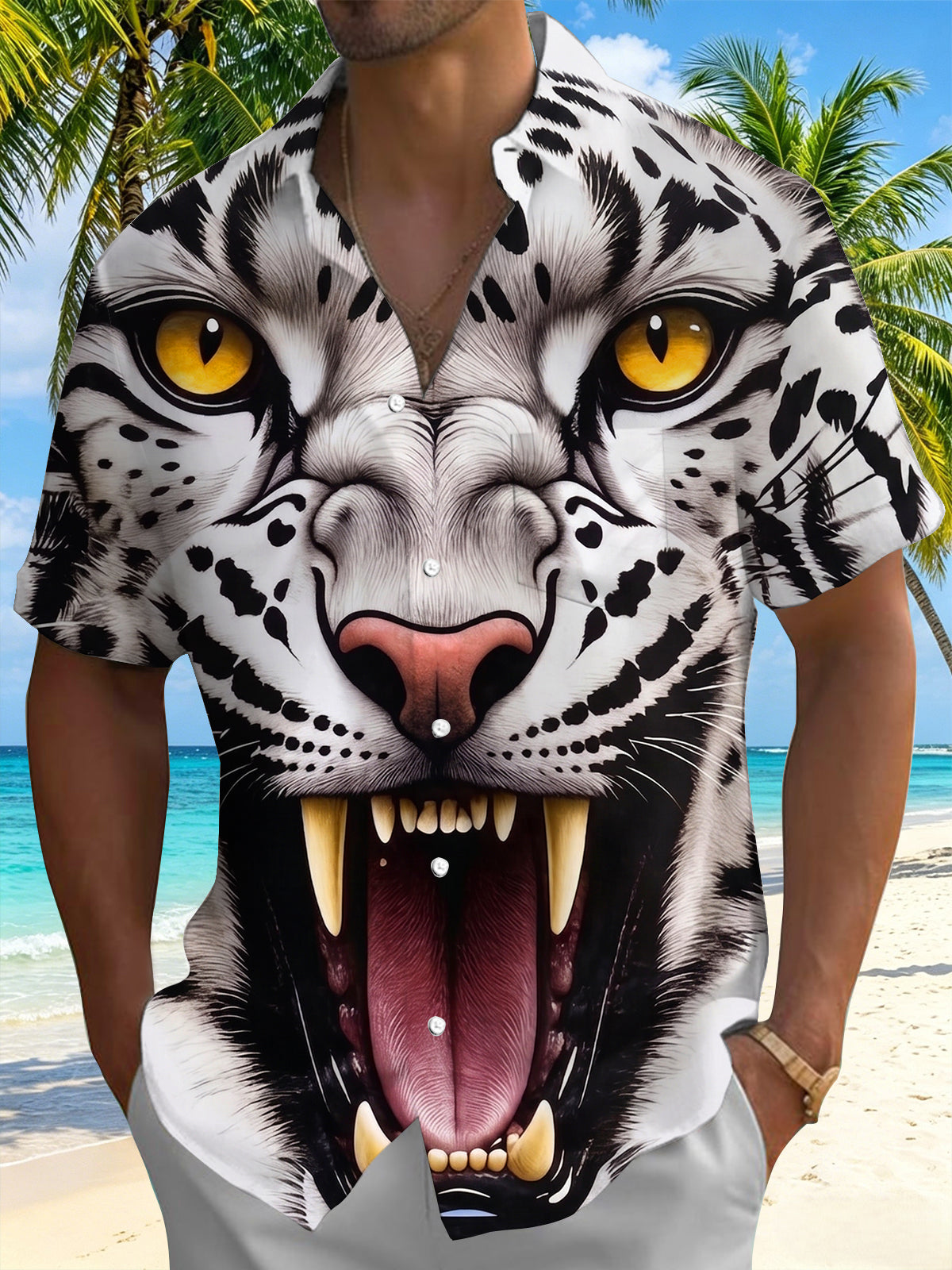Oceanlyte Men's Graphic 3D White Tiger Face Print Short Sleeve Button Down Shirt with Chest Pocket