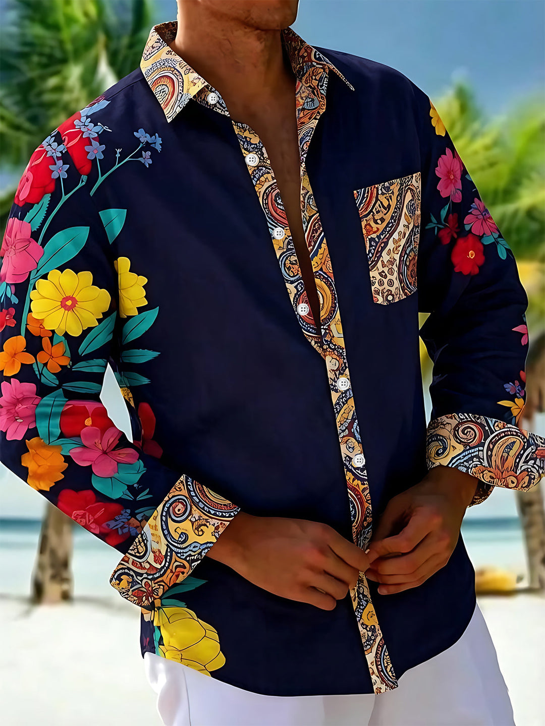 Color Block Tropical Floral Paisley Men's Pocket Long Sleeve Shirts