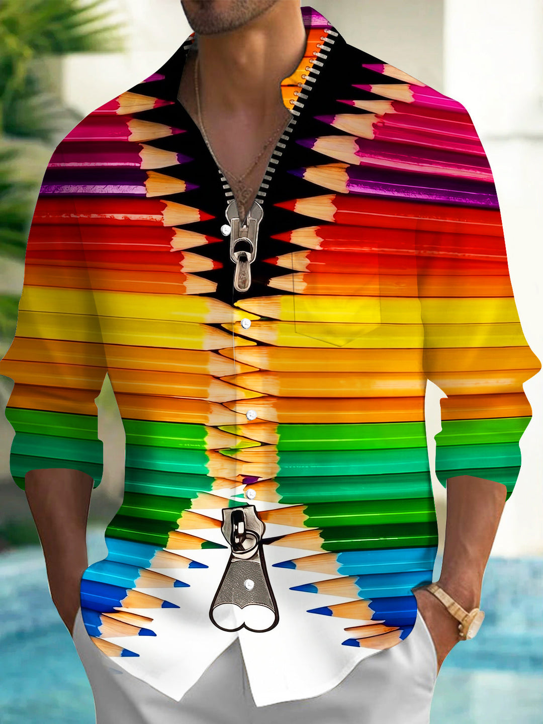 Colorful Pencil Creative Zipper Print Men's Pocket Long Sleeve Shirts