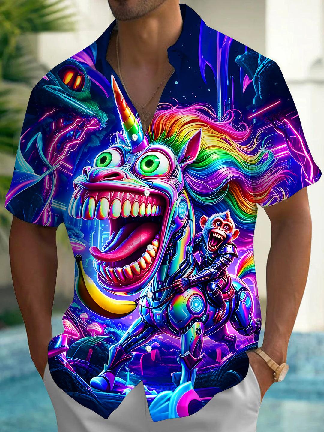 Cyberpunk Colorful Unicorn Monkey Fantasy Men's Pocket Short Sleeve Shirts