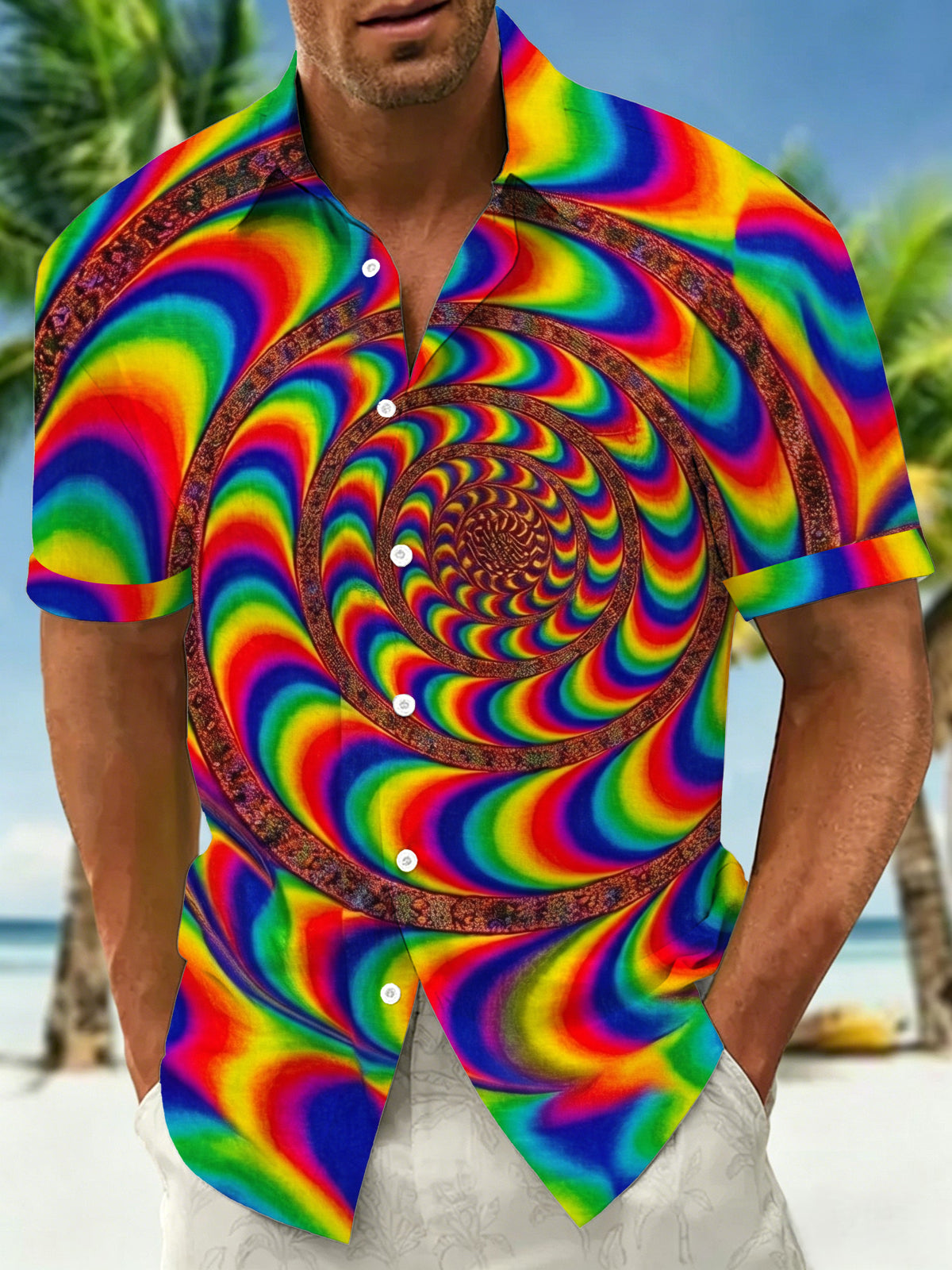 Oceanlyte Men's Retro Geometric Rainbow Spiral Psychedelic Print Short Sleeve Button Down Shirt with Chest Pocket