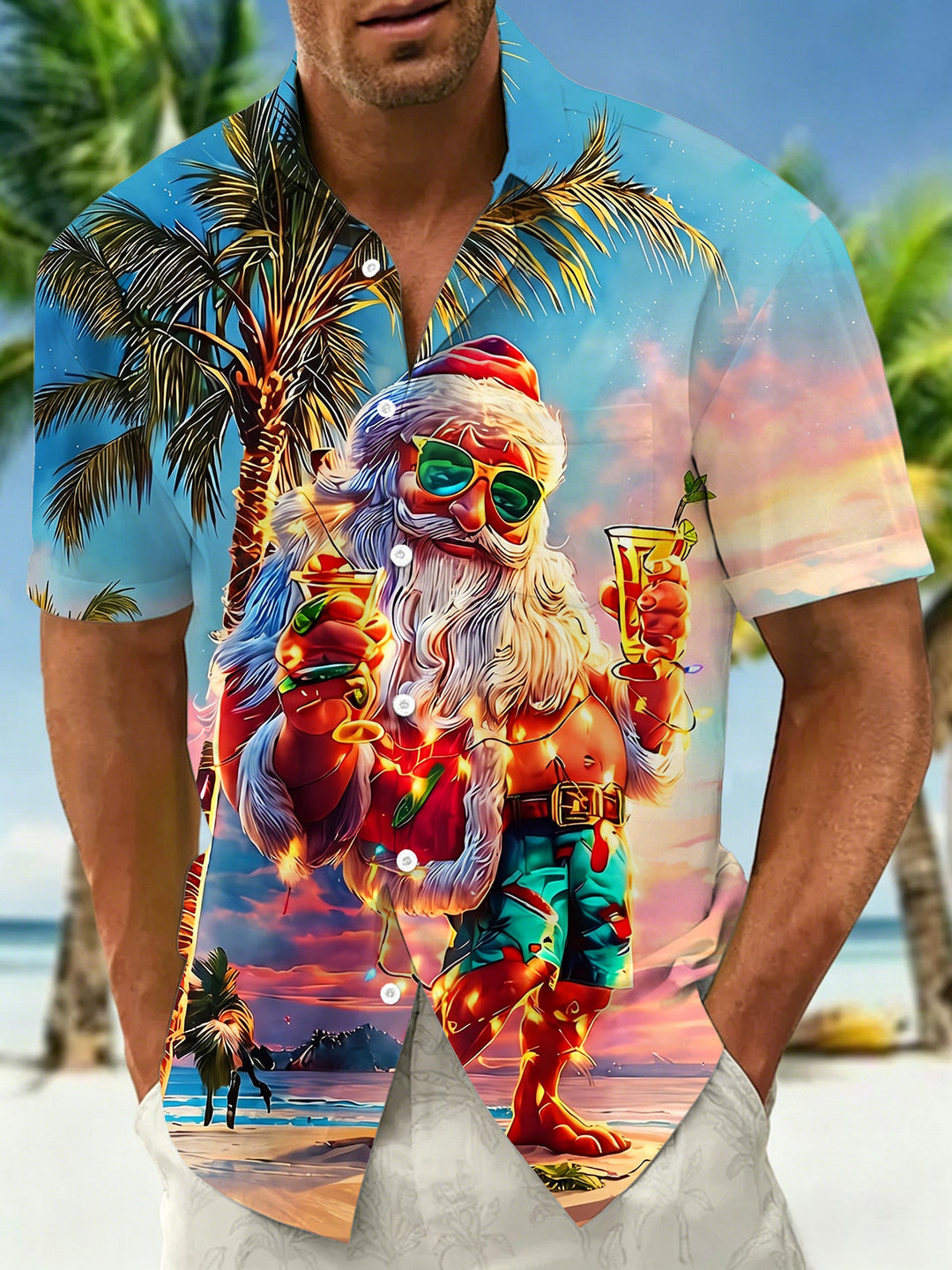 Tropical Beach Vacation Santa Claus Cocktail Men's Pocket Short Sleeve Shirts