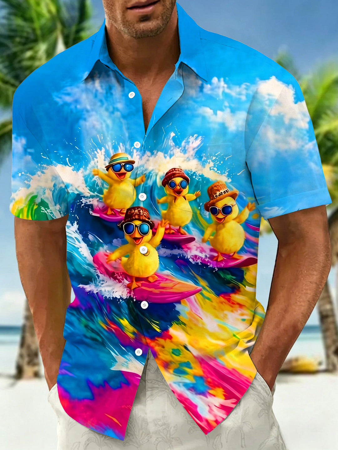 Fun Surfing Little Yellow Duck Wave Blue Sky White Cloud Men's Pocket Short Sleeve Shirts