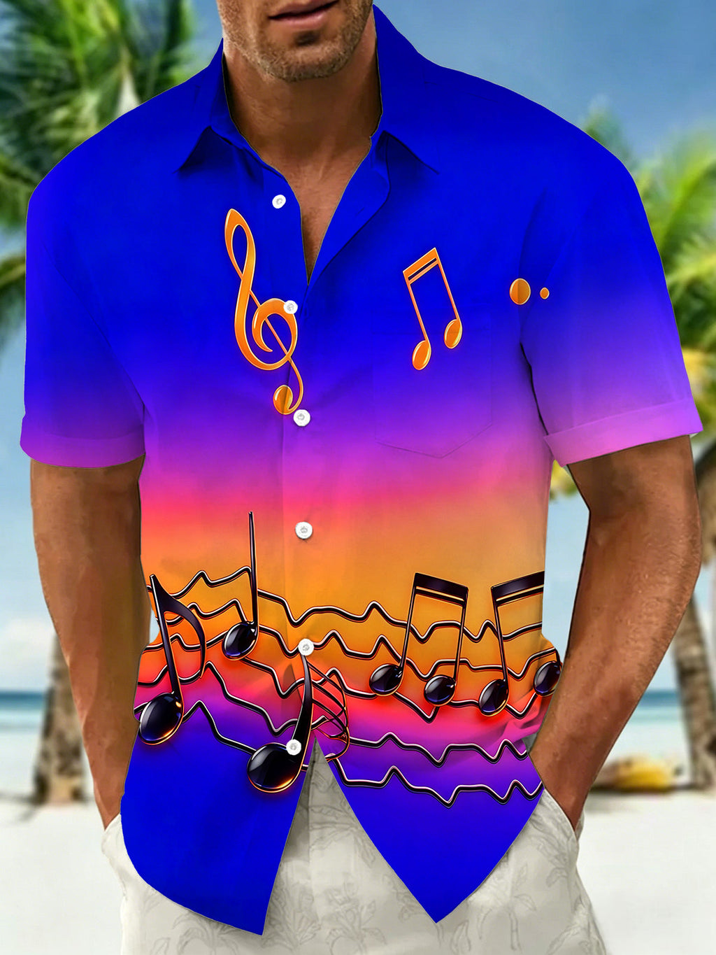 Oceanlyte Men's Graphic 3D Gradient Musical Note Print Short Sleeve Button Down Shirt with Chest Pocket