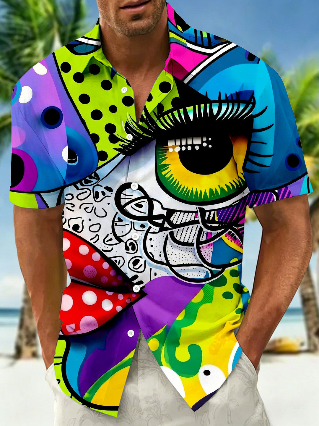 Color Block Pop Art Big Eye Polka Dot Graffiti Men's Pocket Short Sleeve Shirts