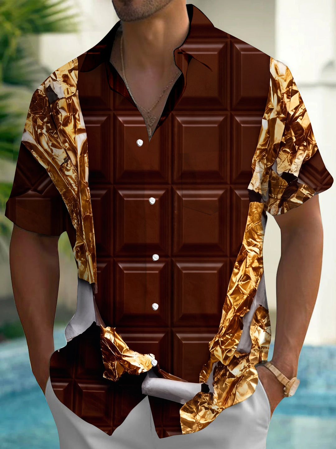 Chocolate Square Gold Foil Tear Creative Men's Pocket Short Sleeve Shirts