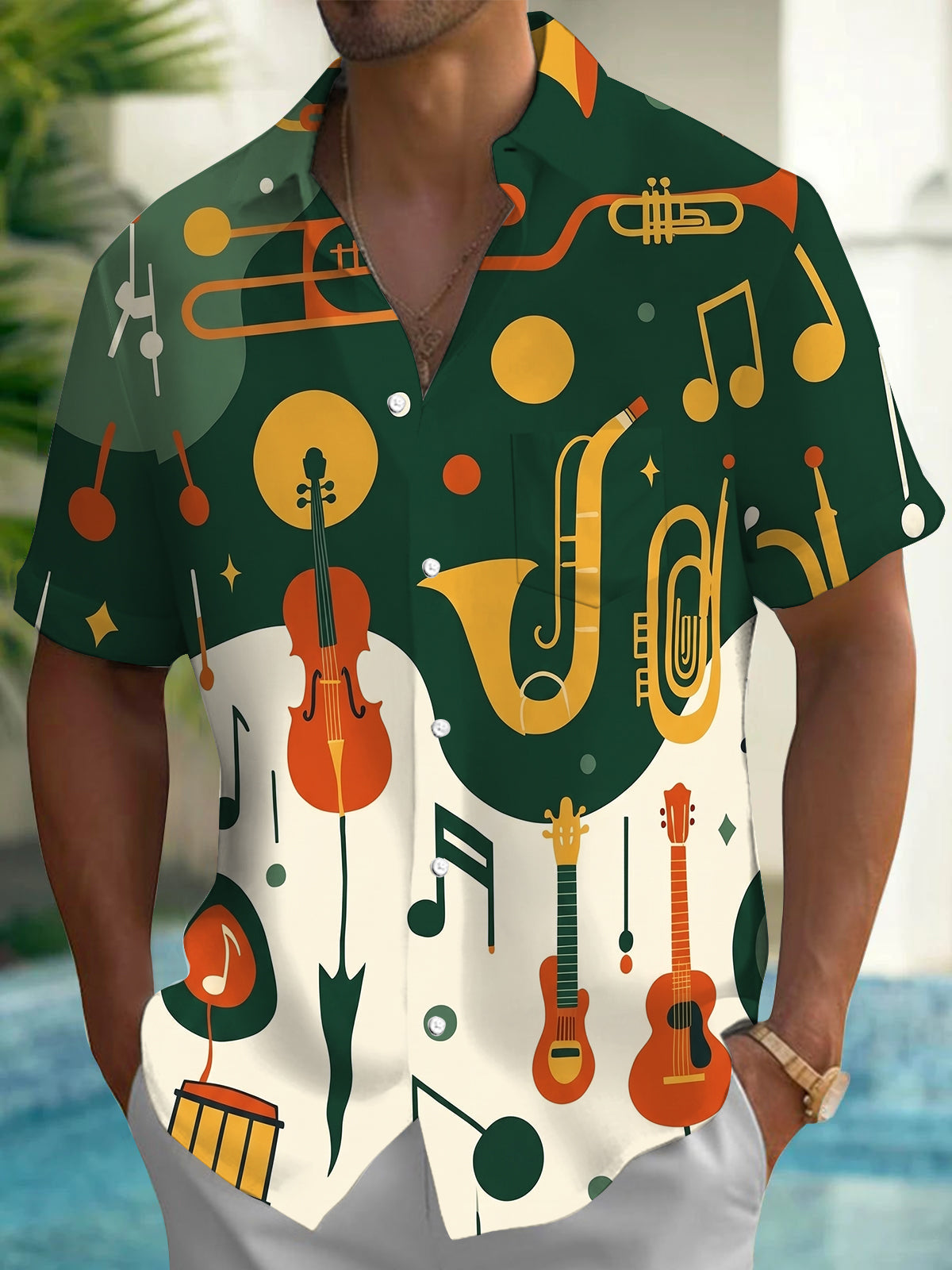 Oceanlyte Men's Green Graphic Musical Instruments Pattern Print Short Sleeve Button Down Shirt with Chest Pocket