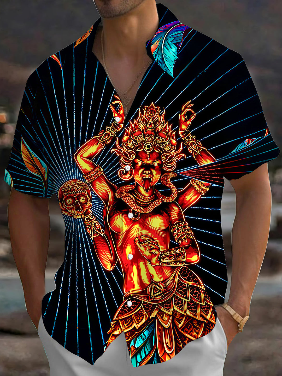 Dark Neon Goddess Skull Feather Retro Men's Pocket Short Sleeve Shirts