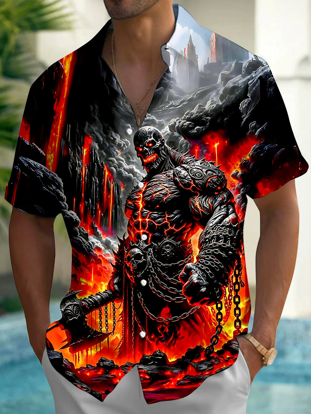 Dark Lava Hell Skull Chain Demon Warrior Men's Pocket Short Sleeve Shirts