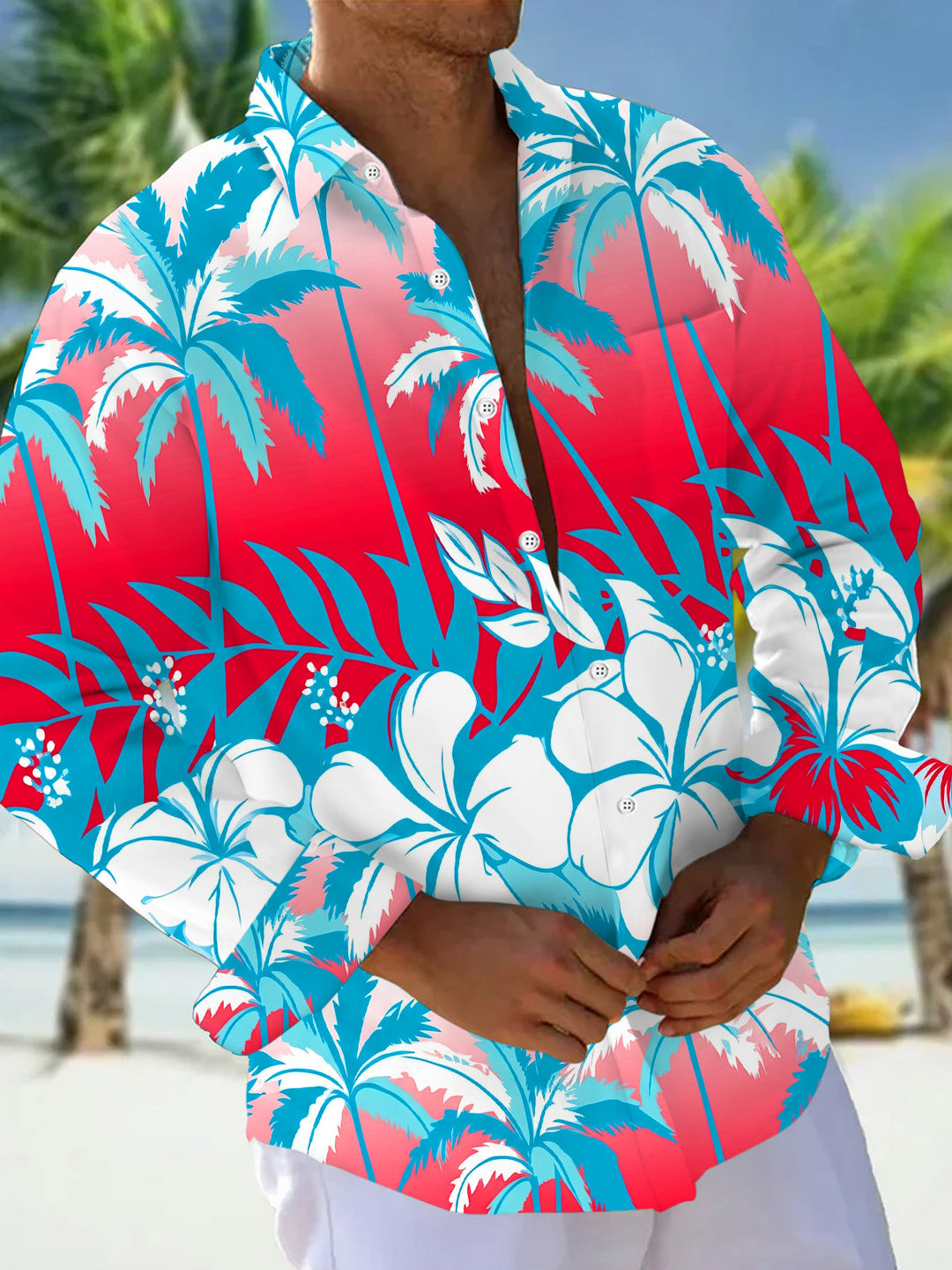 Tropical Palm And Hibiscus Men's Pocket Long Sleeve Shirts