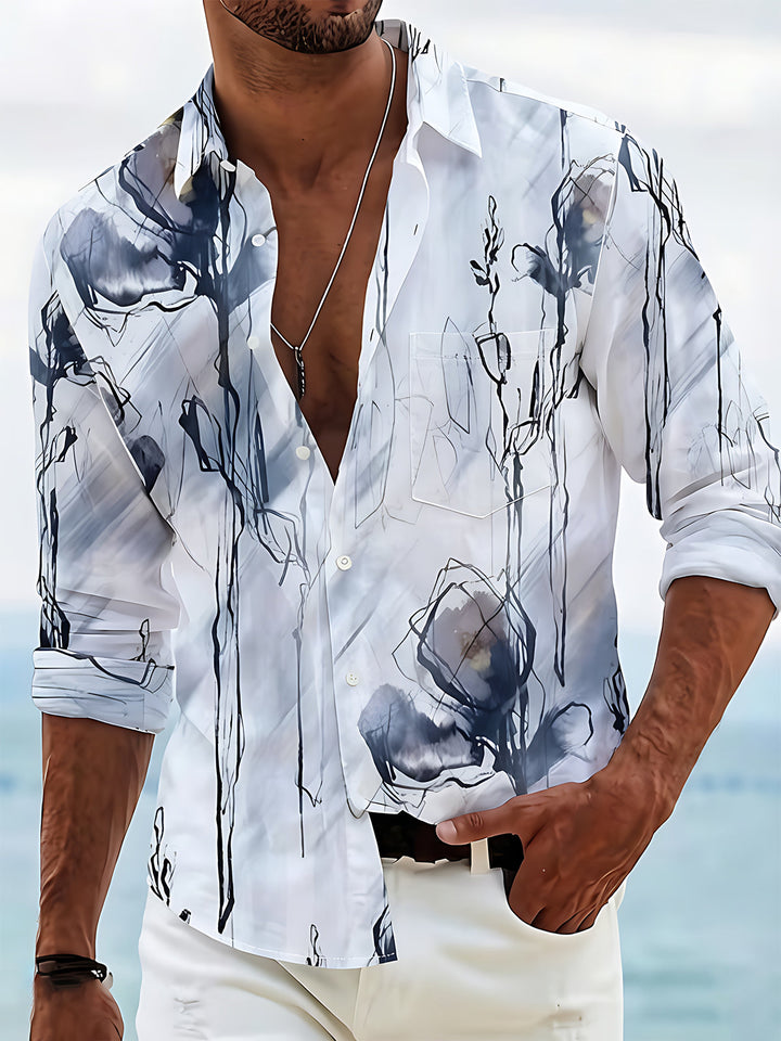 Art Ink Wash Freehand Floral Men's Pocket Long Sleeve Shirts