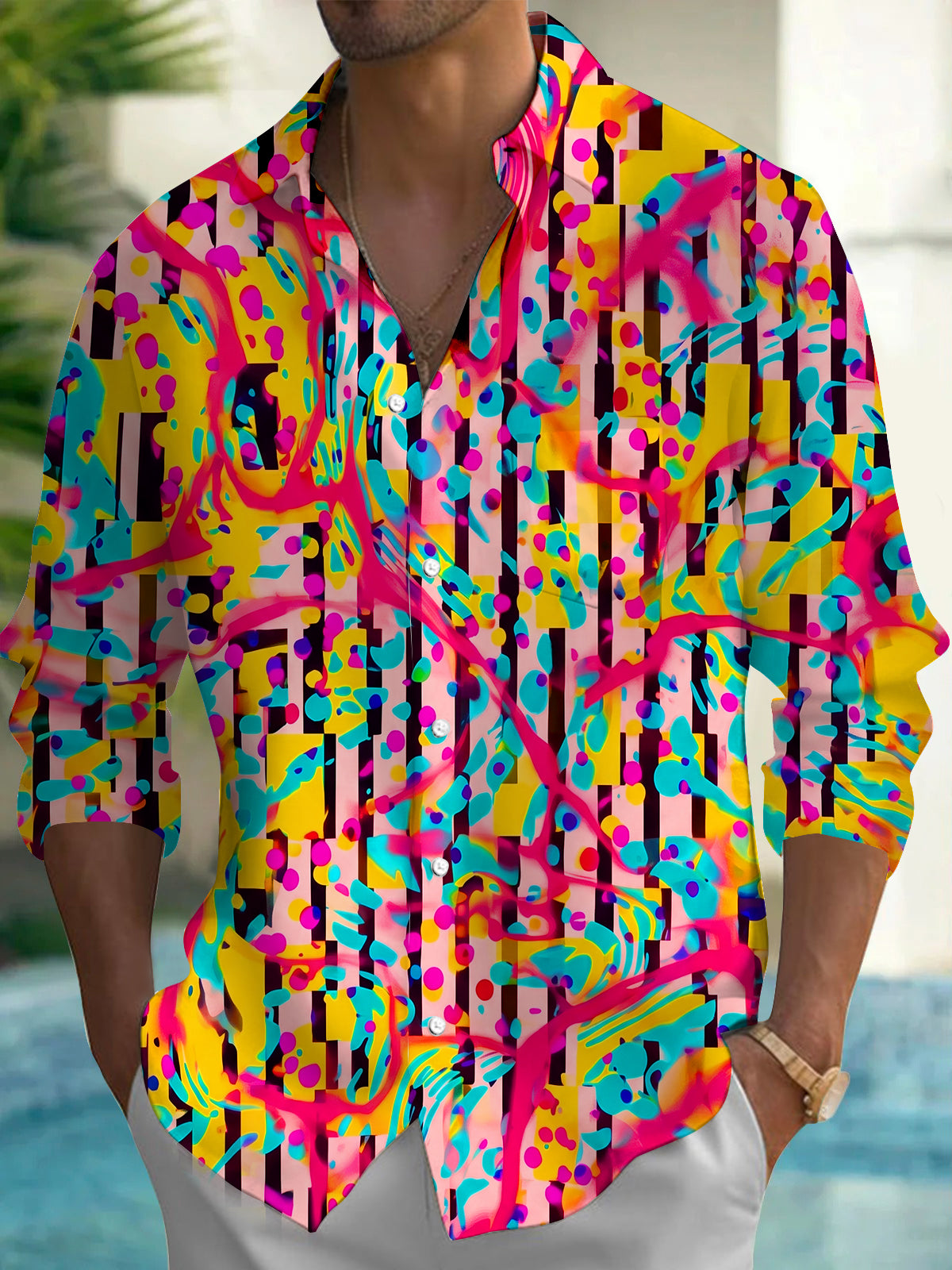 Oceanlyte Men's Striped Abstract Graffiti Splatter Long Sleeve Button Down Shirt with Chest Pocket