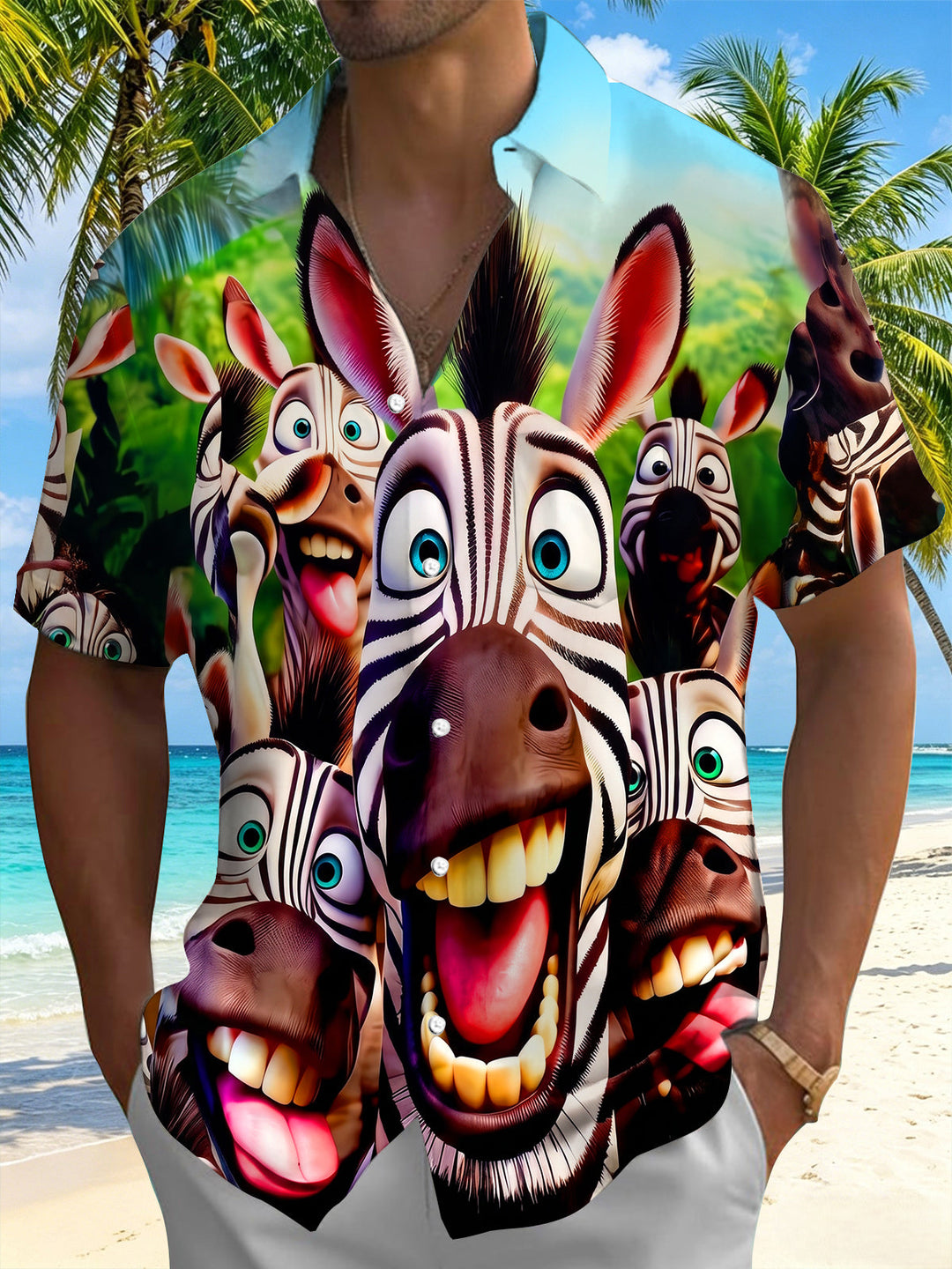 Funny Cartoon Zebra Men's Pocket Short Sleeve Shirts