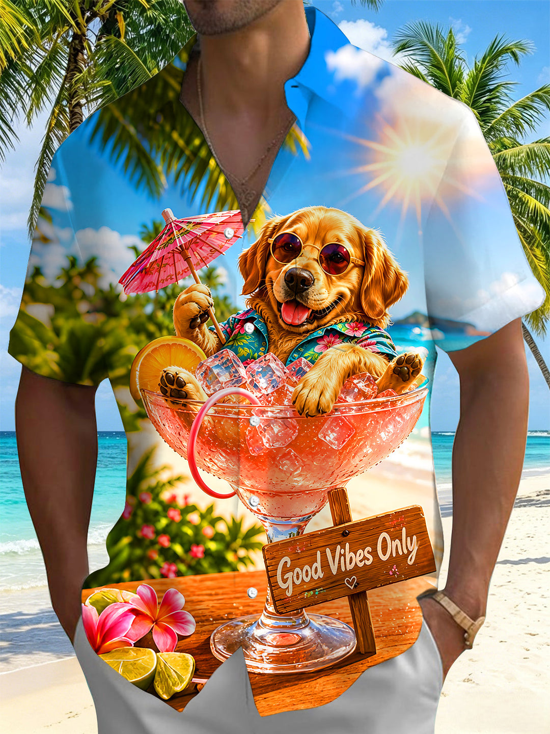 Beach Golden Retriever Dog Cocktail Men's Pocket Short Sleeve Shirts