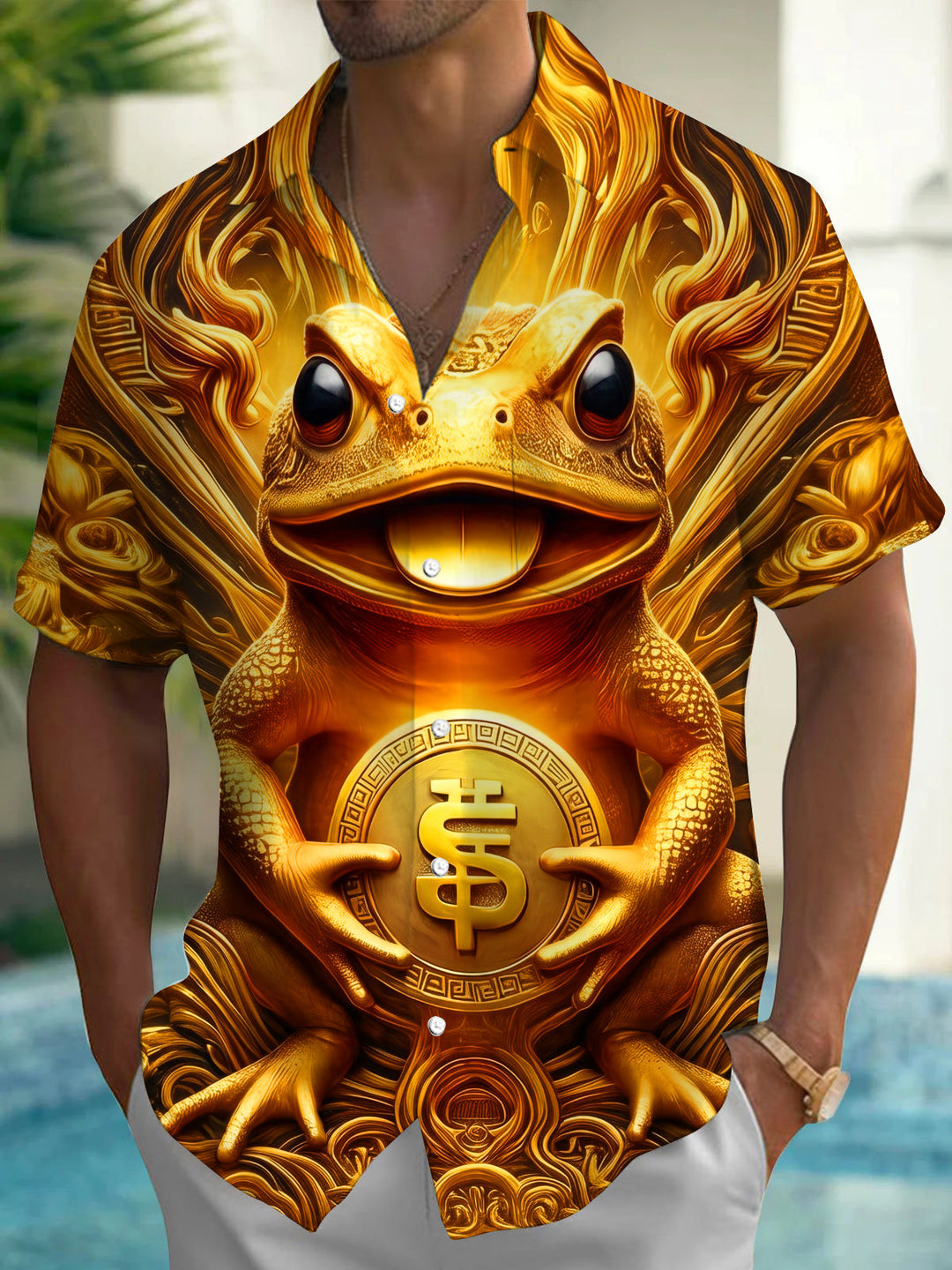Wealth Attracting Golden Toad Men's Pocket Short Sleeve Shirts