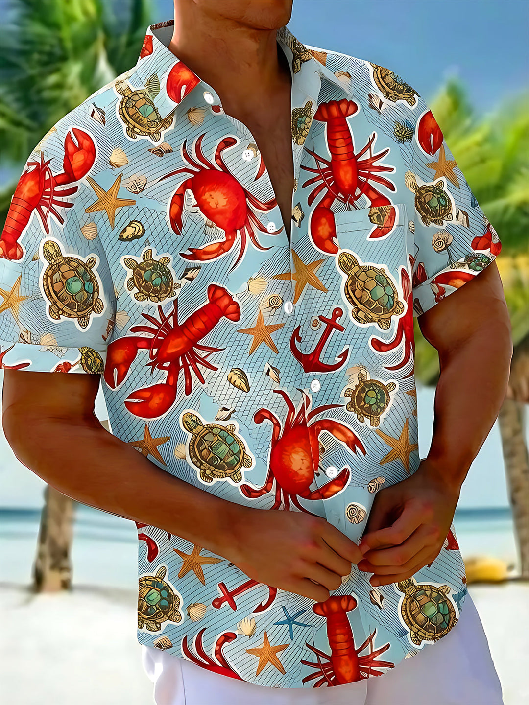 Marine Seafood Lobster Turtle Men's Pocket Short Sleeve Shirts
