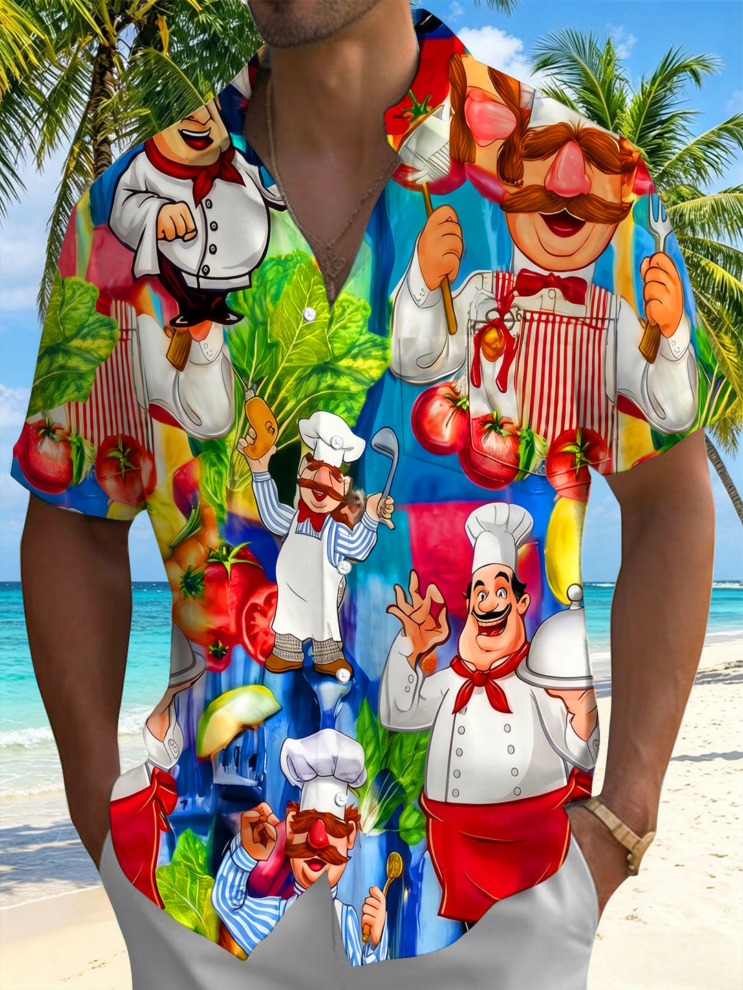 Fun Cartoon Chef Vegetables And Fruits Men's Pocket Short Sleeve Shirts