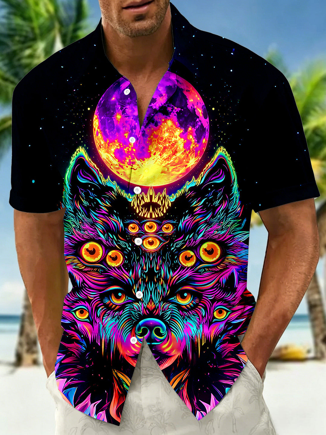 Dark Multi-Eye Psychedelic Wolf Starry Sky Men's Pocket Short Sleeve Shirts