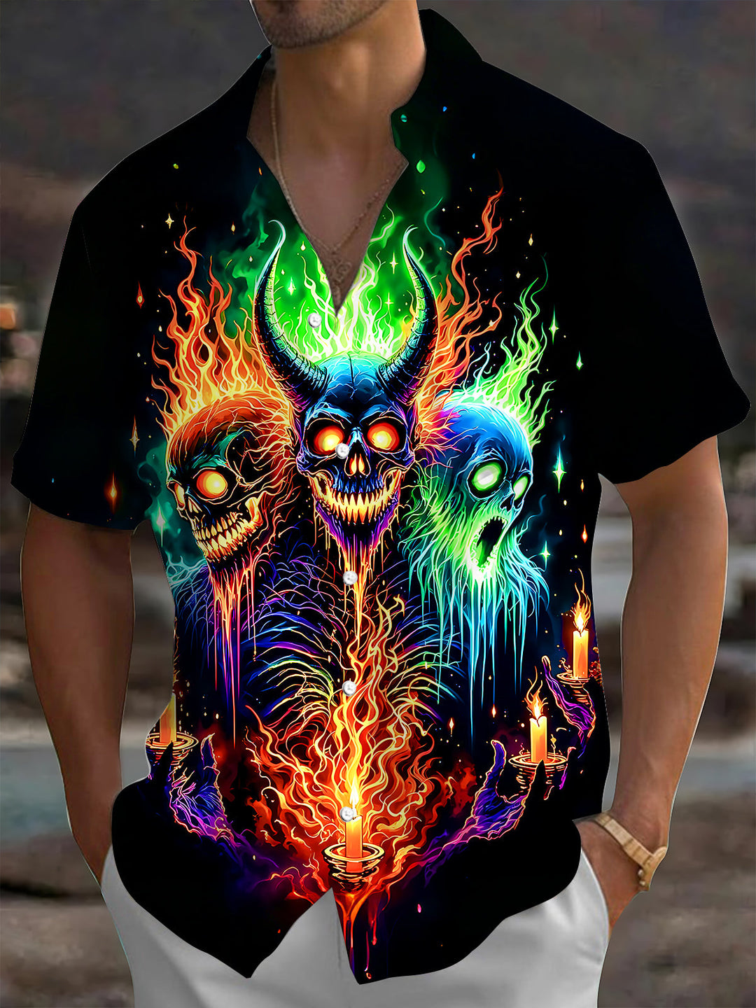 Dark Demon Skull Flame Candle Men's Pocket Short Sleeve Shirts
