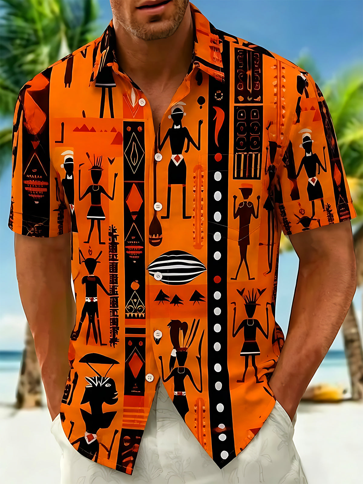 Oceanlyte Men's Graphic Geometric African Tribal Figures Print Short Sleeve Button Down Shirt with Chest Pocket