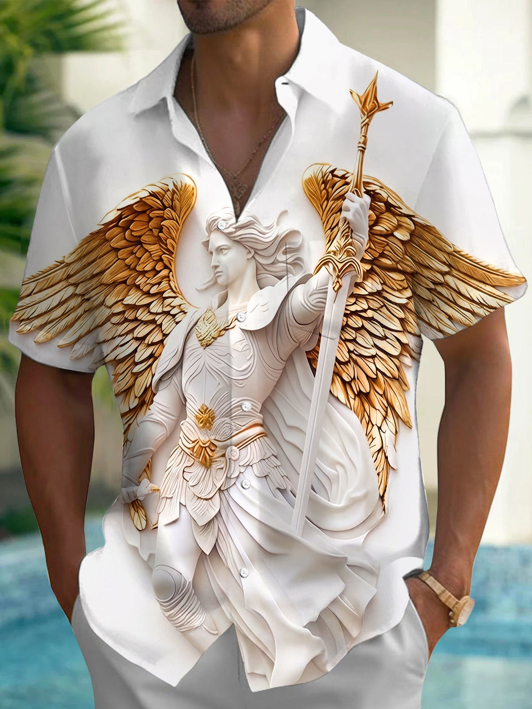Art Embossed Golden Archangel Warrior Men's Pocket Short Sleeve Shirts