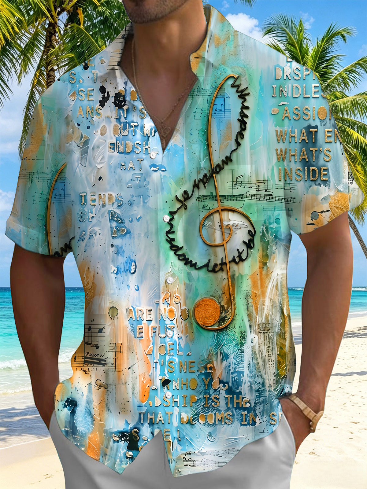 Oceanlyte Men's Graphic Abstract Musical Note Treble Clef Print Short Sleeve Button Down Shirt with Chest Pocket
