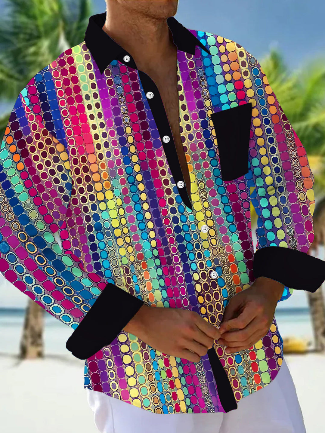 Colorful Dot Texture Men's Pocket Long Sleeve Shirts