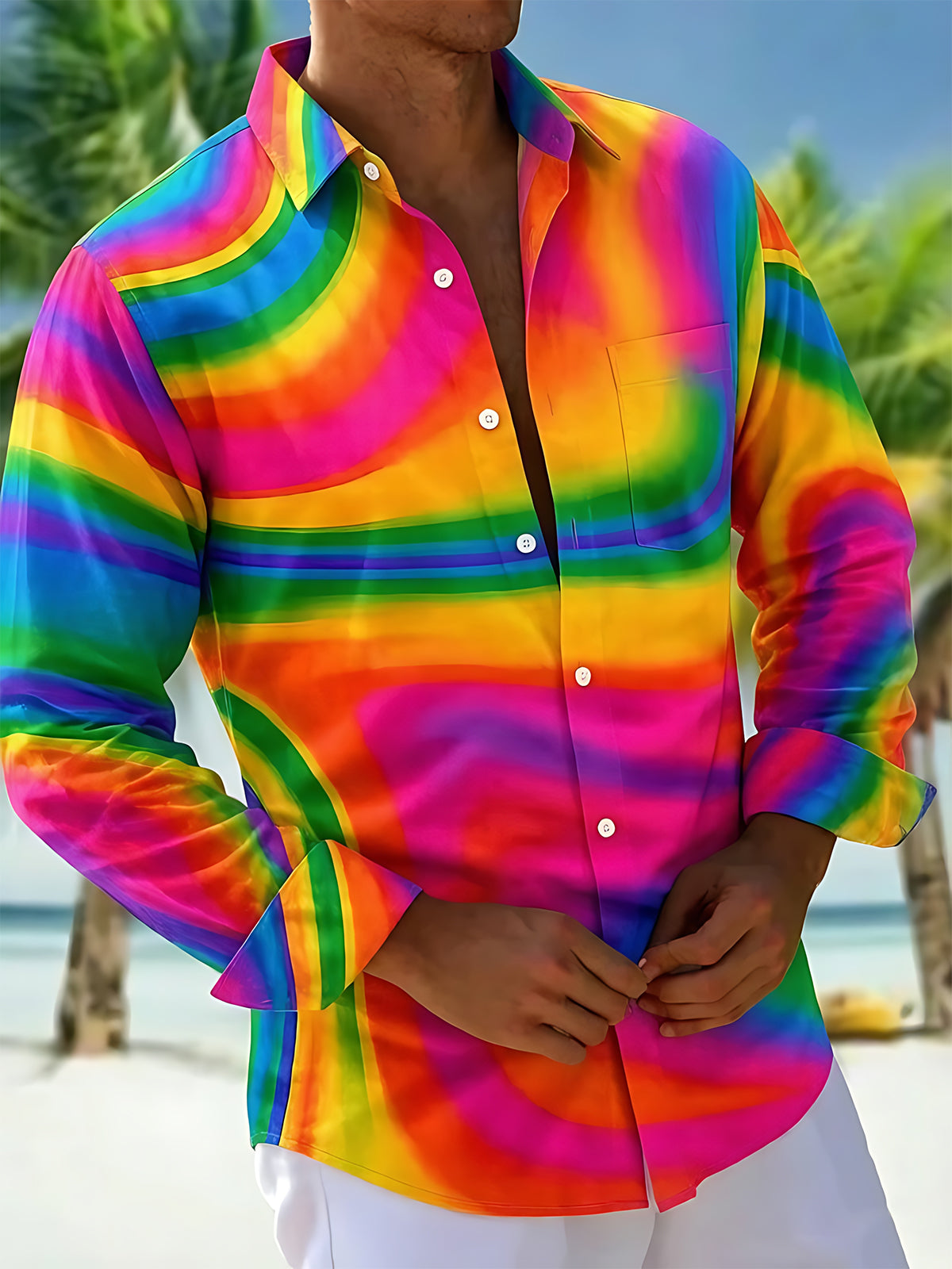 Oceanlyte Men's Rainbow Swirl Tie Dye Long Sleeve Button Down Shirt with Chest Pocket