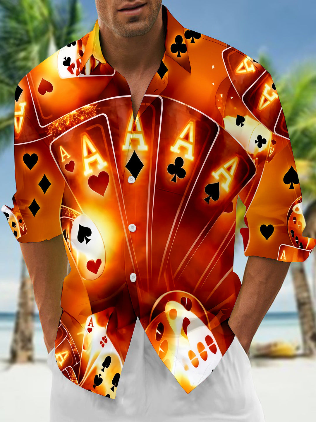 Flame Poker Ace Men's Pocket Long Sleeve Shirts