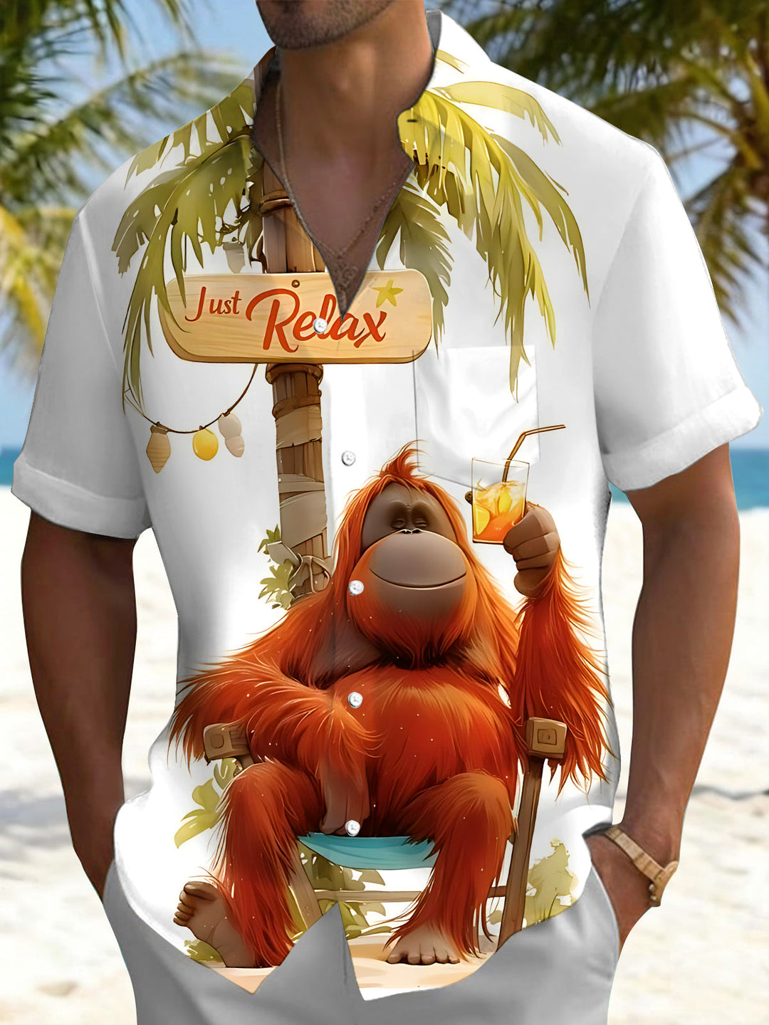 Fun Relaxing Orangutan Beach Vacation Men's Pocket Short Sleeve Shirts