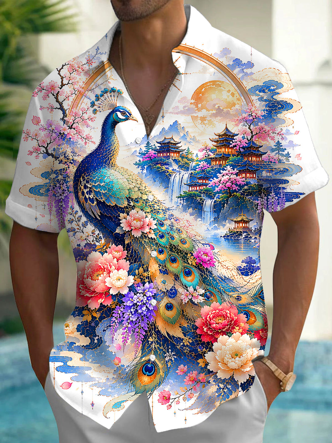 Art Peacock Landscape Peony Men's Pocket Short Sleeve Shirts