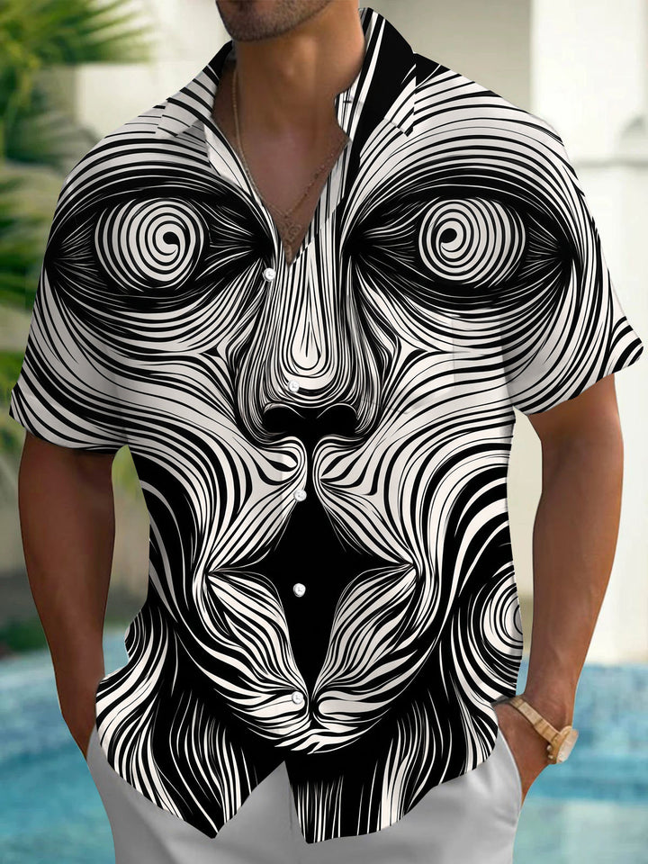 Oceanlyte Men's Geometric Abstract Face Swirl Print Short Sleeve Button Down Shirt with Chest Pocket