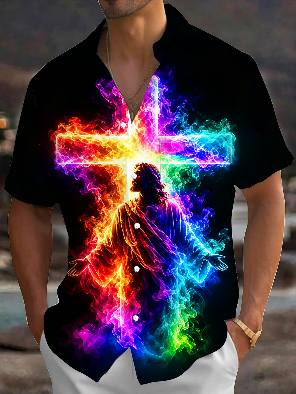 Oceanlyte Men's Graphic Rainbow Smoke Cross Jesus Print Short Sleeve Button Down Shirt with Chest Pocket