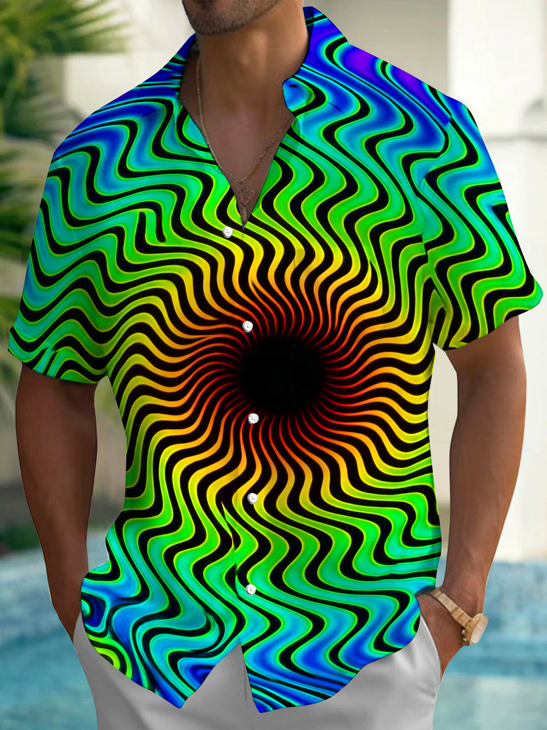Colorful Gradient Swirl Optical Illusion Texture Men's Pocket Short Sleeve Shirts