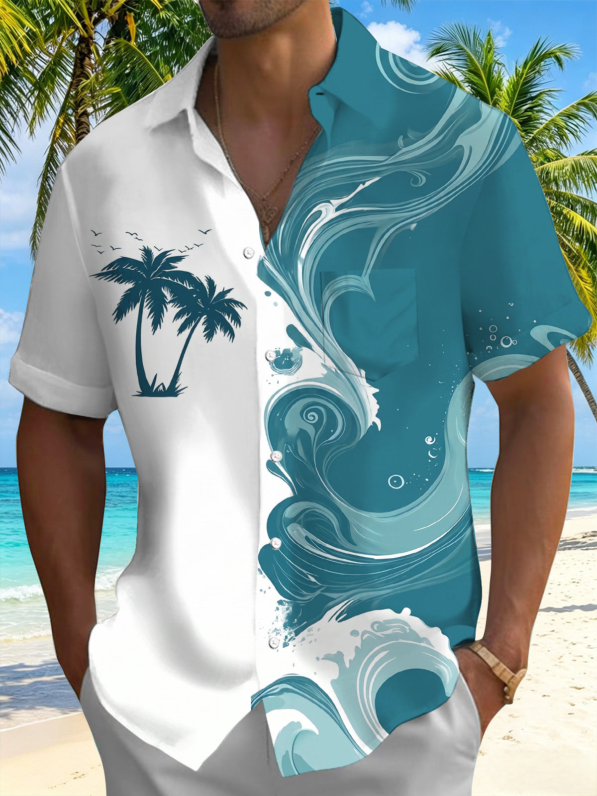 Oceanlyte Men's Graphic Tropical Palm Tree Wave Print Short Sleeve Button Down Shirt with Chest Pocket