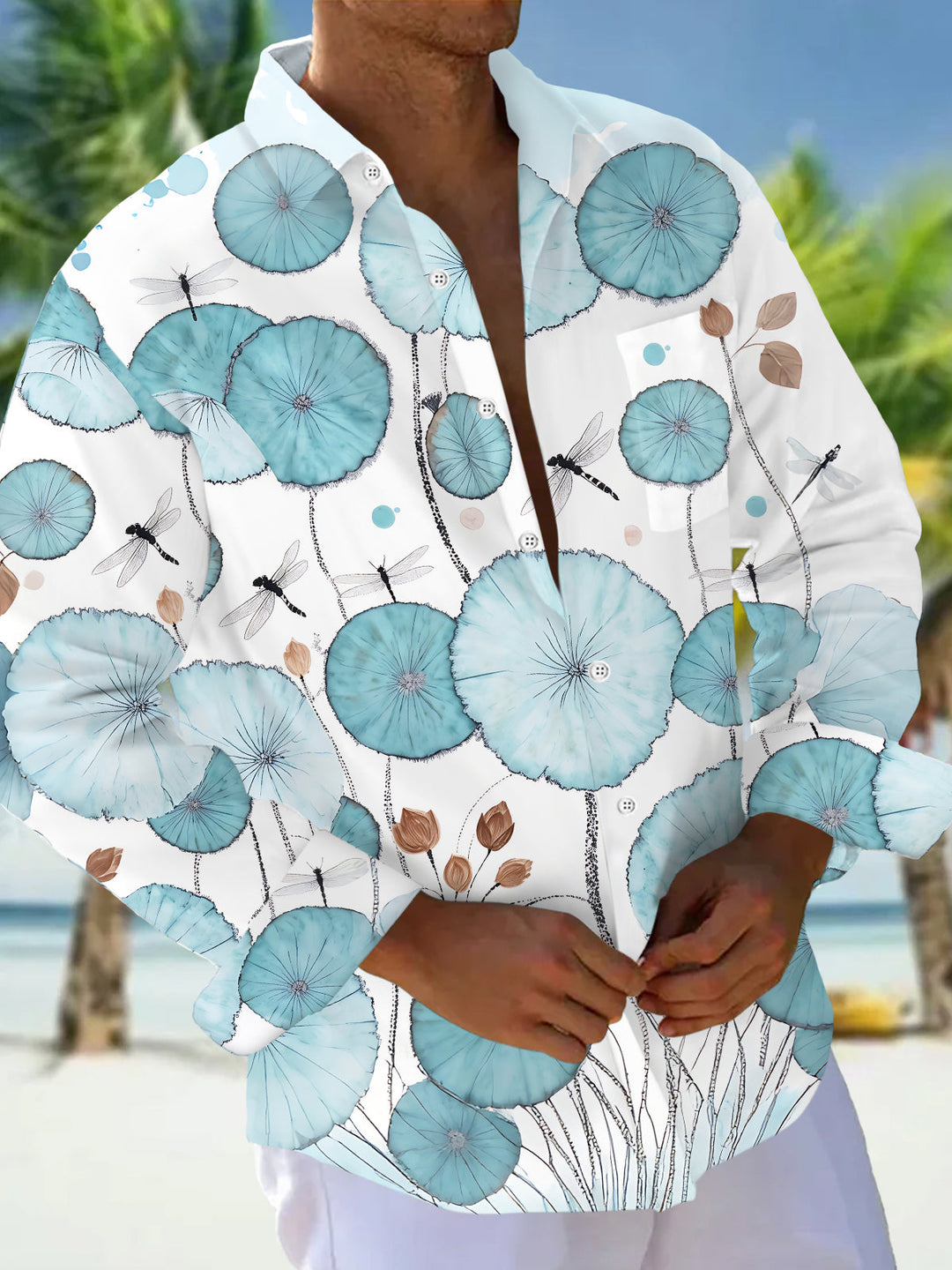 Art Lotus Leaves And Dragonflies Men's Pocket Long Sleeve Shirts