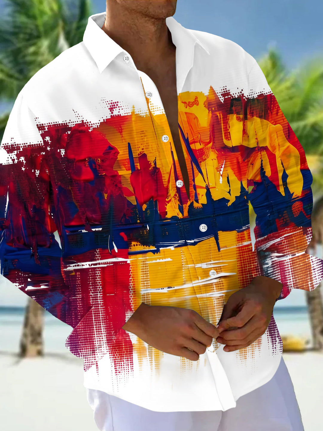 Art Abstract Sailboat Oil Painting Men's Pocket Long Sleeve Shirts