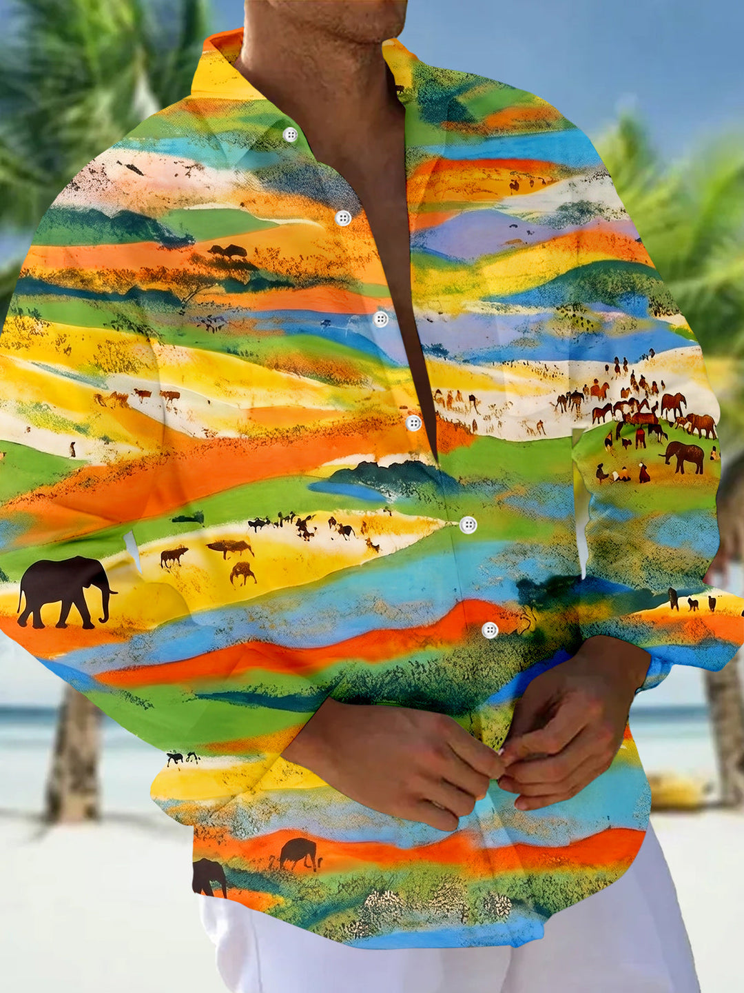 Colorful Grassland Pasture Scenery Men's Pocket Long Sleeve Shirts