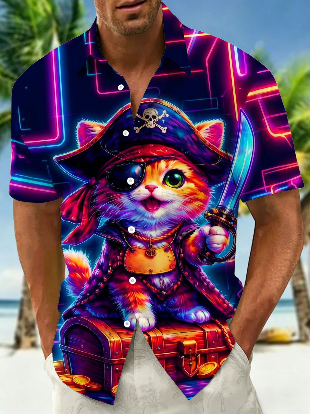 Fun Neon Pirate Cat Men's Pocket Short Sleeve Shirts