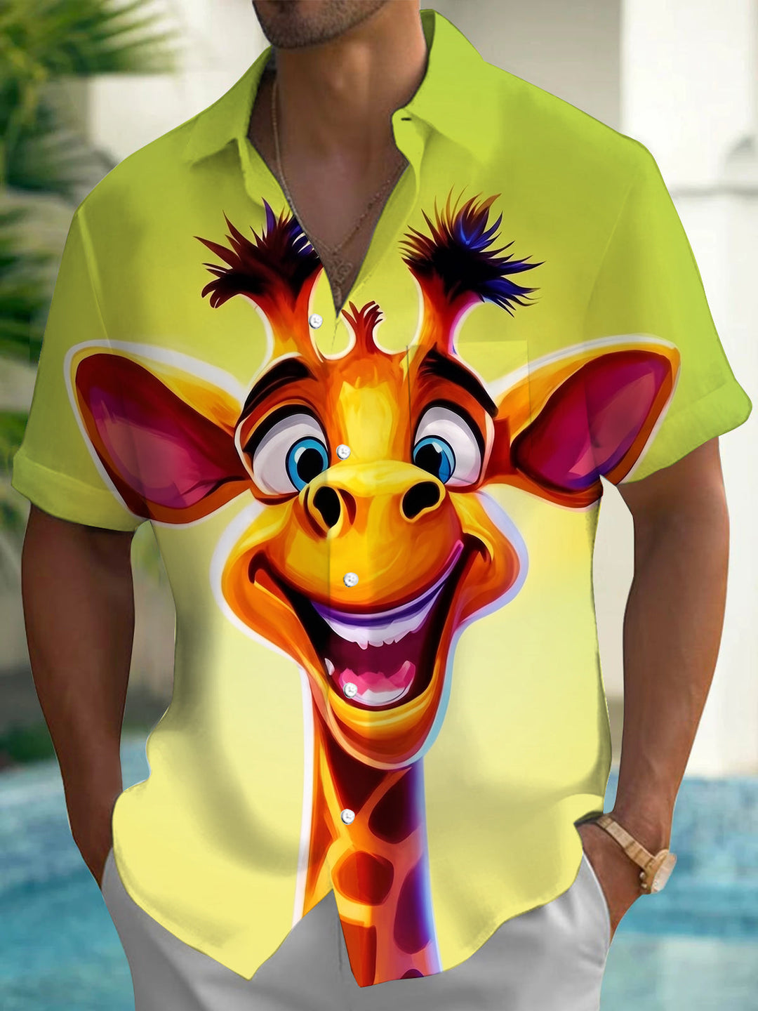 Fun Cartoon Giraffe Men's Pocket Short Sleeve Shirts