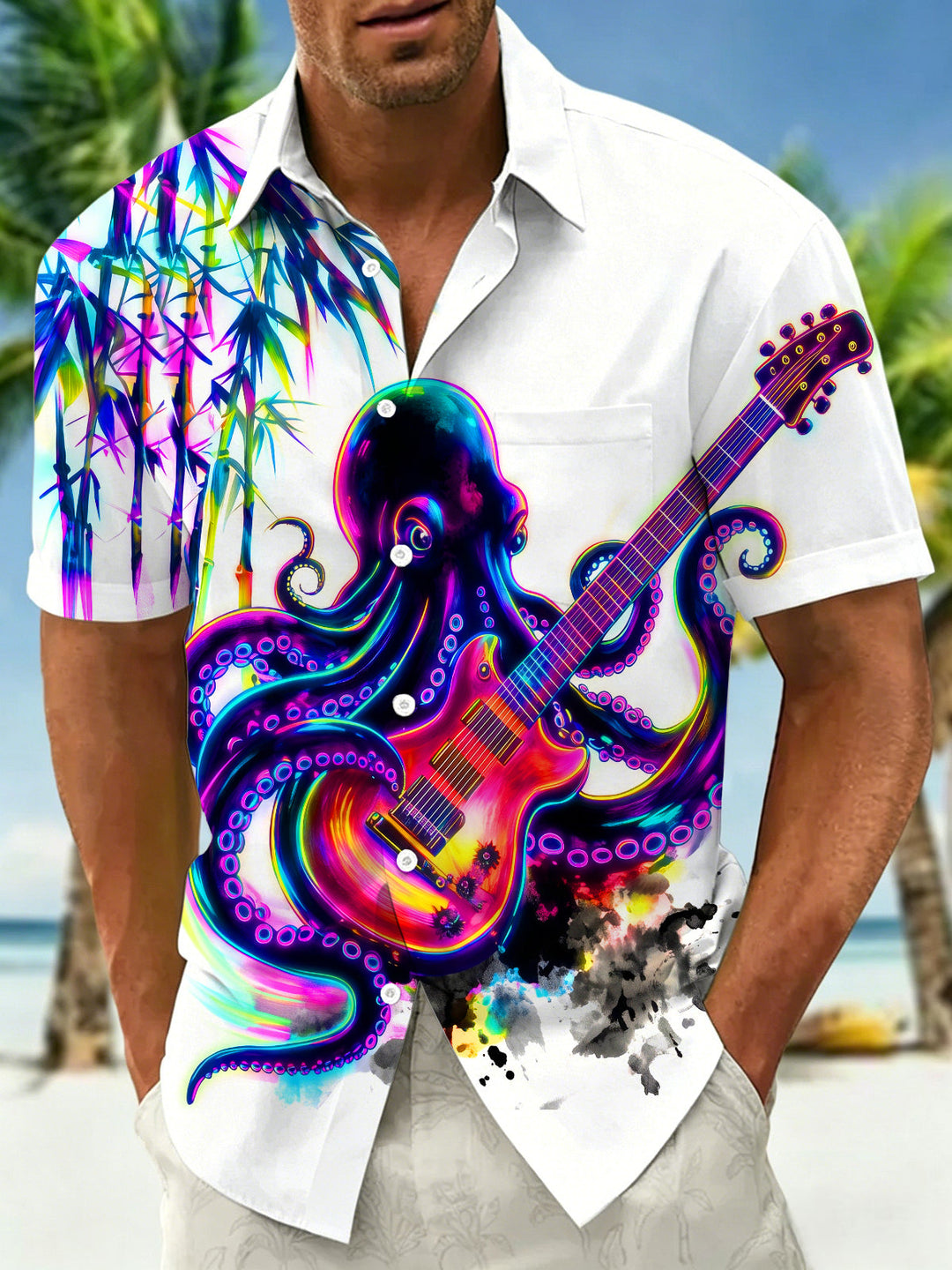 Art Fun Rock Music Octopus Guitar Bamboo Forest Men's Pocket Short Sleeve Shirts