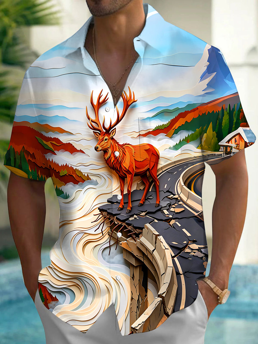 Art Relief Elk Mountain Scenery Men's Pocket Short Sleeve Shirts